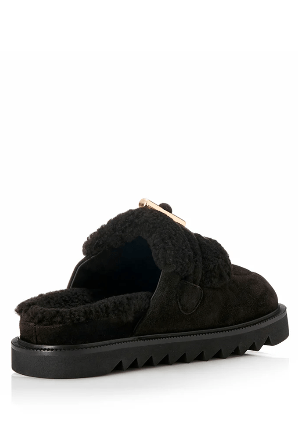 Cedar Black Suede/Shearling by Alias Mae, black suede slides with gold accents and plush shearling for cozy, elevated everyday wear.