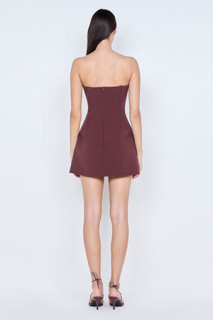 Romee Strapless Mini Dress Raisin by Bec + Bridge, structured crepe mini dress for cocktail and evening events