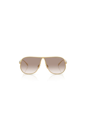 Miu Miu MU A56S Gold Clear Gradient Brown – rectangular metal sunglasses with narrow fit and gradient polyamide lenses.
