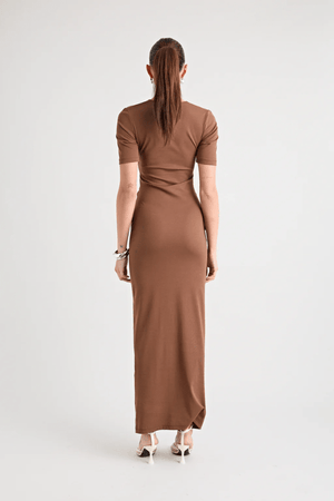 Florence Dress Chocolate by Pfeiffer – A chic fitted maxi with cut-out hardware accents in buttery soft fabric, perfect for stylish, ethical day-to-night looks.