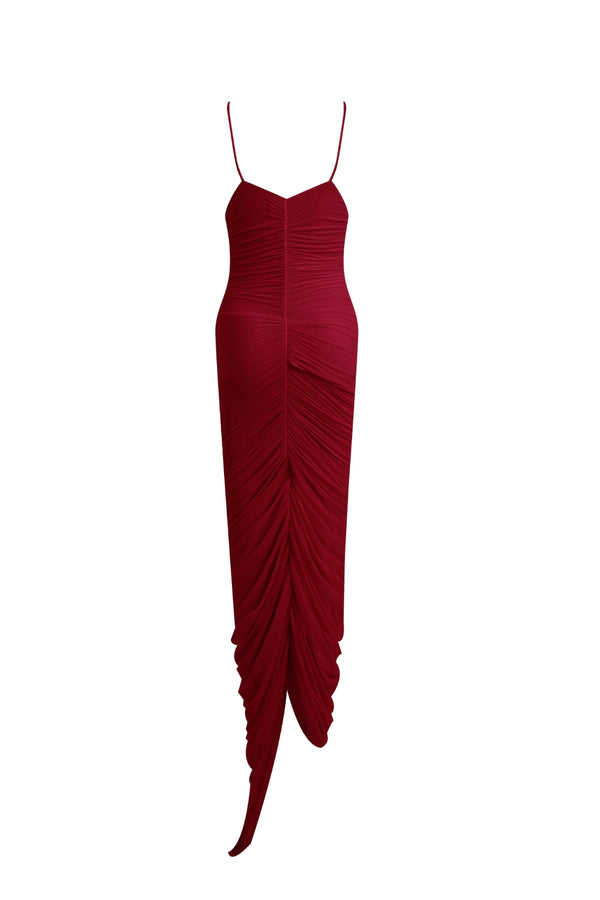 Mater Long Dress by Maygel Coronel, ruched maxi dress with draped panels, sash detail and internal bodysuit.