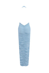 Axis Dress by Maygel Coronel, ruched halter maxi dress with 3D floral details and dramatic low back.