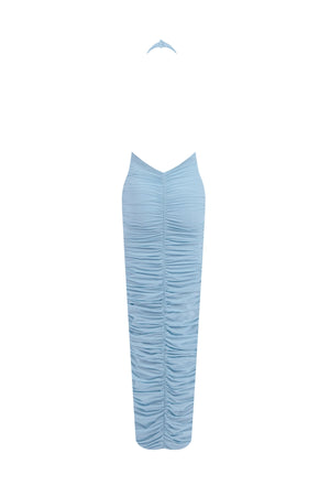 Axis Dress by Maygel Coronel, ruched halter maxi dress with 3D floral details and dramatic low back.