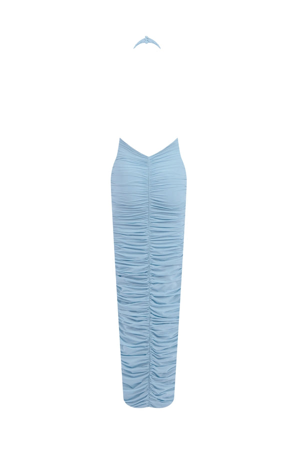 Axis Dress by Maygel Coronel, ruched halter maxi dress with 3D floral details and dramatic low back.