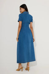 Cotton Mix Denim Collared Midi Dress Light Blue by Odd Muse, structured denim midi dress, perfect for chic day to evening styling