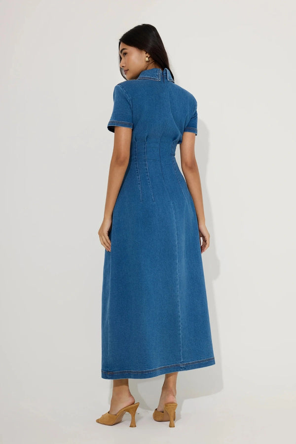 Cotton Mix Denim Collared Midi Dress Light Blue by Odd Muse, structured denim midi dress, perfect for chic day to evening styling