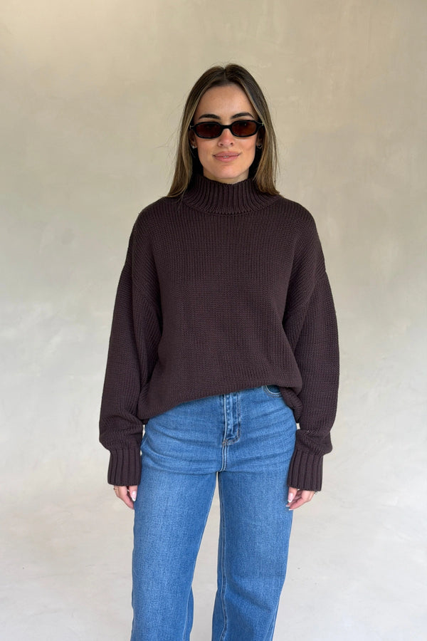 Sasha Turtle Neck Knit Sweater Chocolate by Sneaky Link, oversized knit sweater, perfect for cozy everyday styling