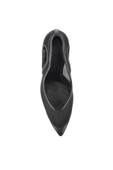 Catherine Heel Black by Lana Wilkinson — Sleek sheer mesh pump with leather trim and 10.5cm stiletto heel. Bold and sophisticated for evening or statement looks.
