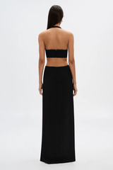 The Wander Satin Gown Black by Misha – A timeless, elegant maxi gown in lightweight satin with a flattering twisted front detail, perfect for warm evening events.