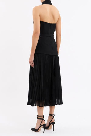 Emma Midi Dress Black and White by Rebecca Vallance – a tailored midi with contrast lapel and pleated skirt. Perfect for elegant styling.