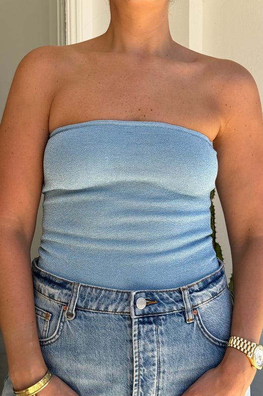 Lulu Tube Top Blue Lurex by Sneaky Link – Trendy sparkly lurex strapless top with a soft feel and secure fit, perfect for viral night outs or chic, sophisticated looks.