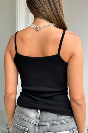 Sophie Tank Black by Sneaky Link – A trendy, soft cotton blend tank with delicate straps and flattering neckline, perfect for layering year-round with effortless style.