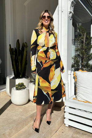 Petals Of Paradise Long Sleeve Midi Dress Print by Rebecca Vallance – Printed jersey, tie neck, gathered waist, front