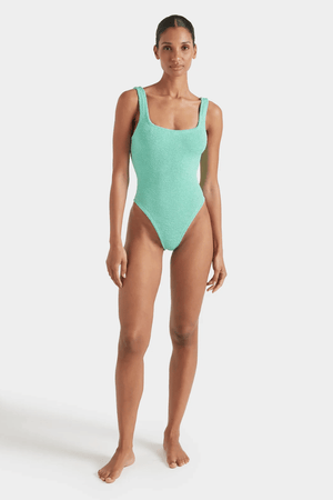 Square Neck Swim Metallic Mint by Hunza G – Timeless one-size swimsuit with scooped back and medium support in sculpting crinkle fabric