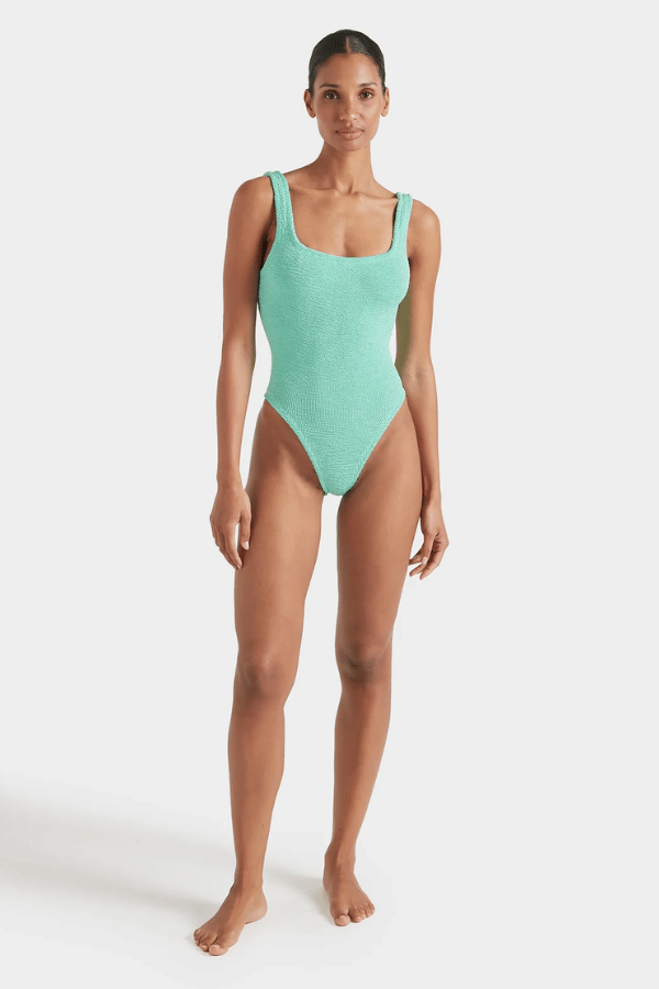 Square Neck Swim Metallic Mint by Hunza G – Timeless one-size swimsuit with scooped back and medium support in sculpting crinkle fabric