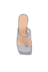 Sienna Heel Grey by Lana Wilkinson, thong heel with lucite wedge and clear upper, perfect for day to night styling