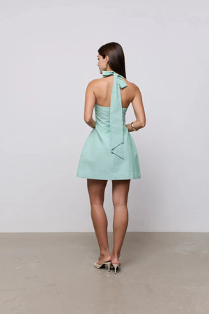 Cotton Pinstripe Mini Dress Green by Odd Muse, halter mini dress with cinched waist and classic pinstripe design