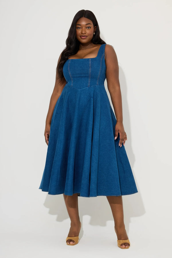 Cotton Mix Denim Square Neck Midi Dress Light Blue by Odd Muse, fitted denim midi dress, perfect for chic day