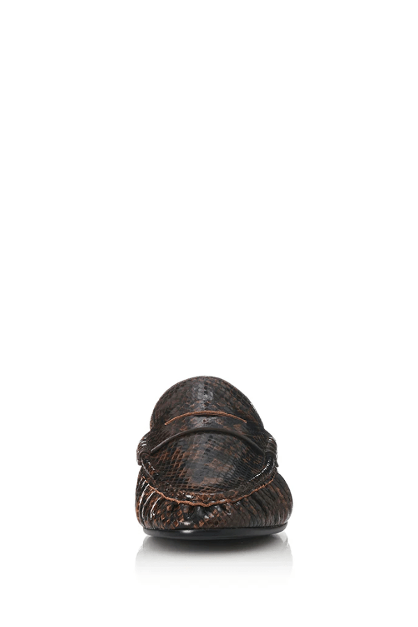 Ivy Choc Snake by Alias Mae, backless leather loafers with a chic chocolate snake texture, blending polish and modern ease.