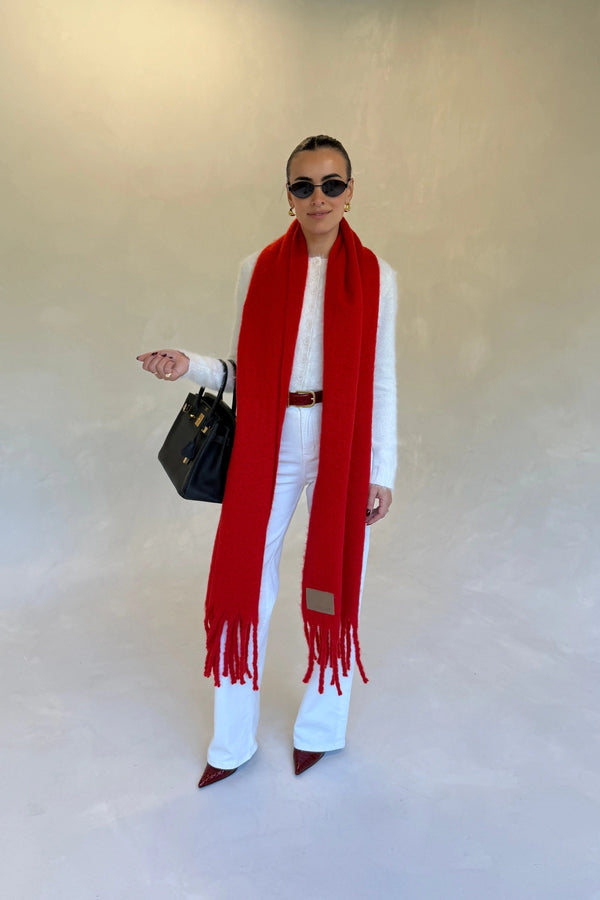 Freya Knitted Scarf Red by Sneaky Link, ultra soft red knit scarf, perfect for cozy winter layering