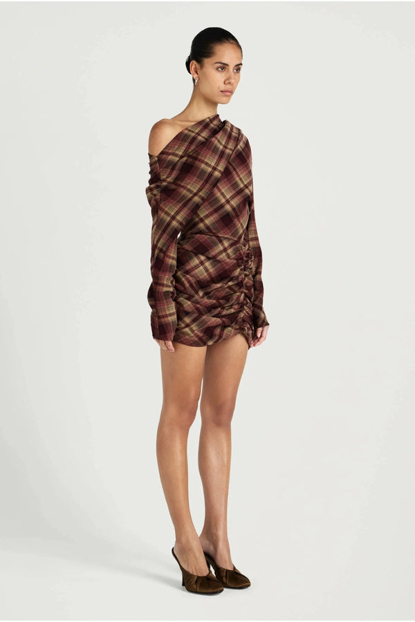 Hera Mini Dress Plum Check by Benni, one shoulder tartan mini dress, perfect for elevated evening styling