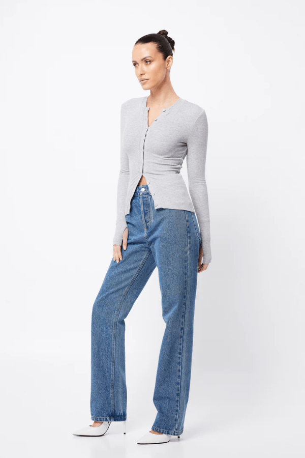 Lyon Cardigan Grey Marle by Mossman, warm double-layer ribbed jersey with round neckline, button front, and thumbhole sleeves, perfect for trendy viral layering and sleek everyday style.