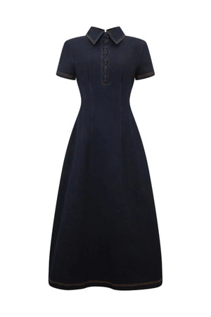 The Ultimate Muse Denim Collared Midi Dress Blue