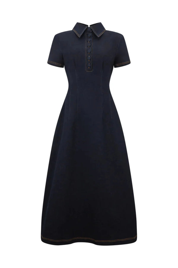 The Ultimate Muse Denim Collared Midi Dress Blue
