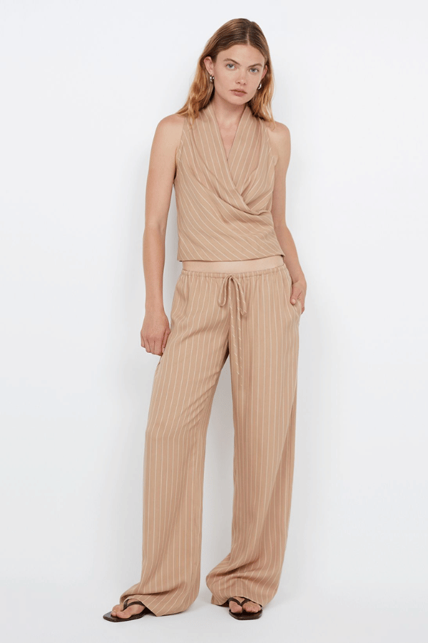 Almeria Wrap Top Camel Stripe by Bec + Bridge – Trendy wrap top with draped V-neck and racer back, perfect for effortless warm-weather elegance and viral summer looks.