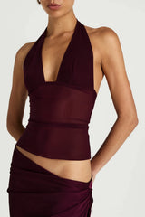 Ira Maxi Dress by Benni, halter mesh and satin maxi dress with chiffon shawl, perfect for evening events