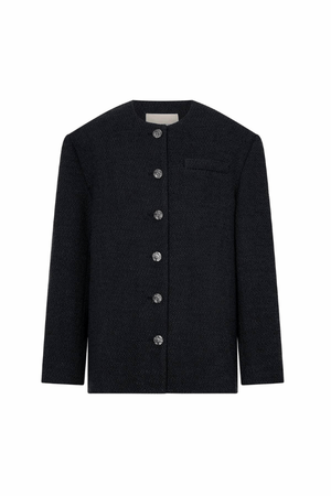 Rinaldi Jacket French Navy by Camilla and Marc – collarless tweed jacket with metal buttons and side pockets for timeless, tailored elegance.