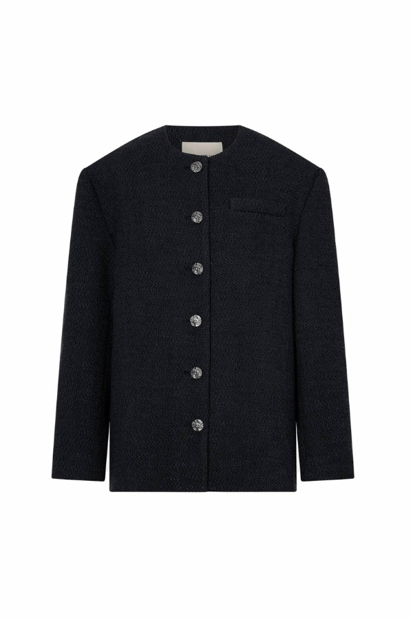 Rinaldi Jacket French Navy by Camilla and Marc – collarless tweed jacket with metal buttons and side pockets for timeless, tailored elegance.