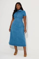 Cotton Mix Denim Collared Midi Dress Light Blue by Odd Muse, structured denim midi dress, perfect for chic day to evening styling