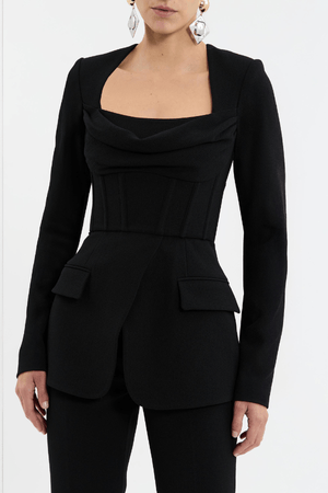 Bethany Top Black by Rebecca Vallance – A chic, structured bonded crepe top with a corseted silhouette, cowl bust, and sleek details for stylish desk-to-dinner looks.