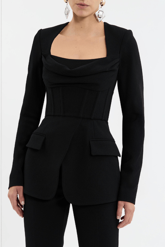 Bethany Top Black by Rebecca Vallance – A chic, structured bonded crepe top with a corseted silhouette, cowl bust, and sleek details for stylish desk-to-dinner looks.