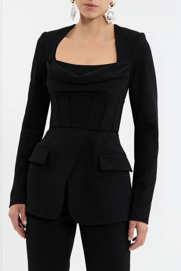 Bethany Top Black by Rebecca Vallance – A chic, structured bonded crepe top with a corseted silhouette, cowl bust, and sleek details for stylish desk-to-dinner looks.