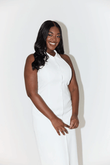 The Ultimate Muse Collar Maxi Dress White by Odd Muse – Sleeveless maxi with sharp collar, button front, darts, and slit.