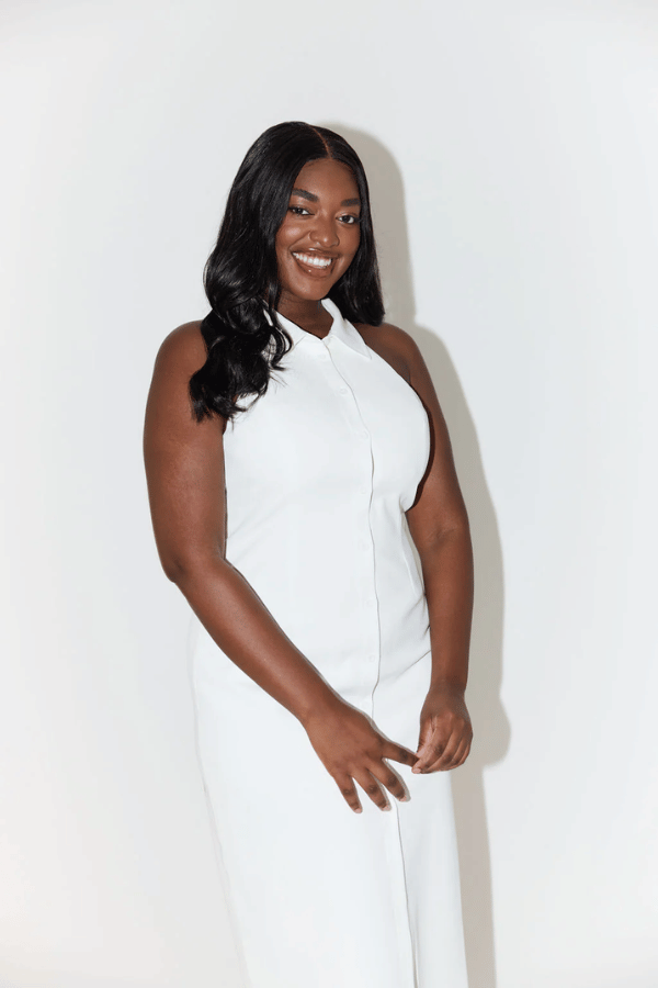 The Ultimate Muse Collar Maxi Dress White by Odd Muse – Sleeveless maxi with sharp collar, button front, darts, and slit.