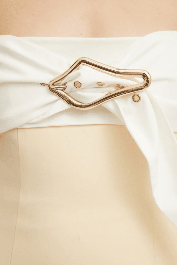 Kasai Dress Lemon/Ivory by Tojhà – A chic strapless maxi with structured bonded fabric, signature buckle detail, and princess seams, perfect for sophisticated events.