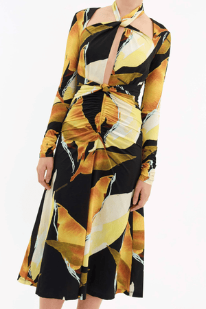 Petals Of Paradise Long Sleeve Midi Dress Print by Rebecca Vallance – Printed jersey, tie neck, gathered waist, front