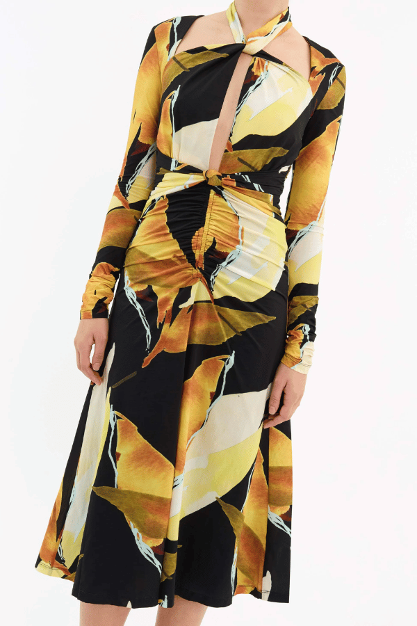 Petals Of Paradise Long Sleeve Midi Dress Print by Rebecca Vallance – Printed jersey, tie neck, gathered waist, front