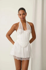 Marilyn Skirt Ivory by Kat The Label, satin mini skirt with lace trim, perfect for bridal or romantic styling