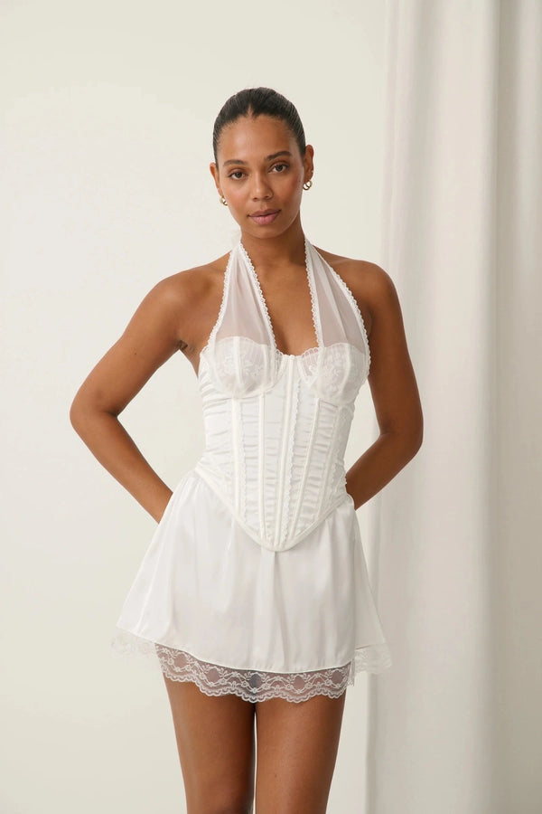 Marilyn Skirt Ivory by Kat The Label, satin mini skirt with lace trim, perfect for bridal or romantic styling