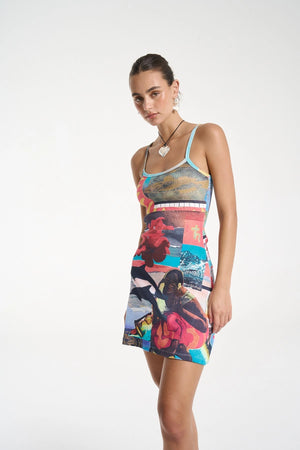 A-Line Mini Dress by Summi Summi, ribbed cotton mini featuring the bold Loco print with fixed straps and an easy A-line fit.