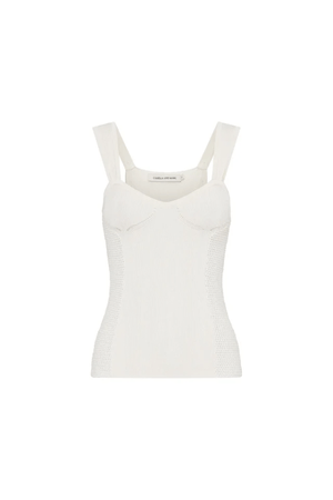 Ariel Tank Cream by Camilla and Marc – crochet-knit with bust shaping and mesh details, a chic staple perfect for brunches or stylish summer getaways.