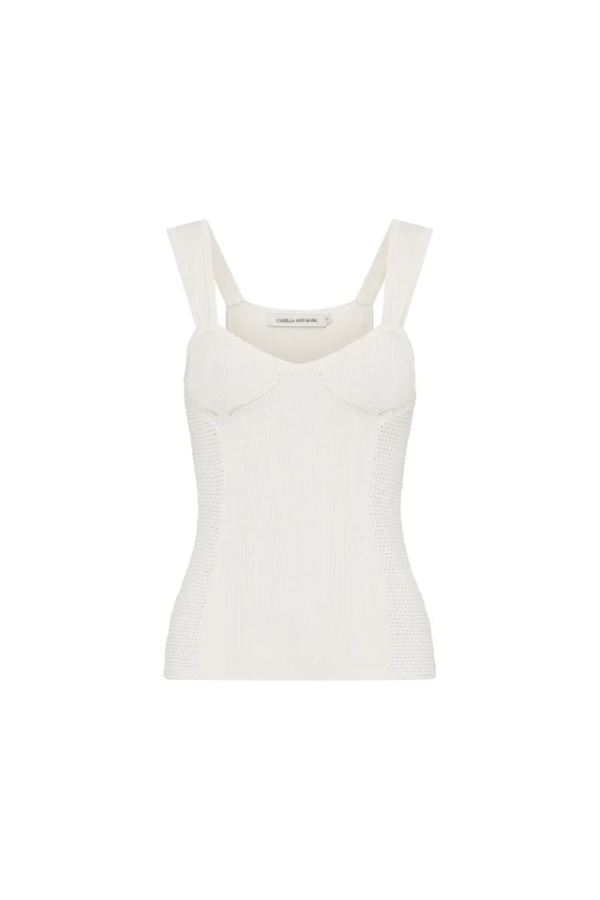 Ariel Tank Cream by Camilla and Marc – crochet-knit with bust shaping and mesh details, a chic staple perfect for brunches or stylish summer getaways.
