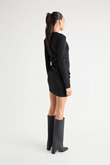 Rule Eight Dress Black by Pfeiffer – A trendy and versatile cotton mini dress with adjustable side ruching, crew neckline, and full sleeves. Perfect for stylish day-to-night wear.