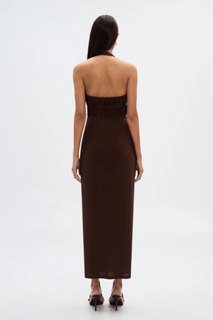 The Celine Mesh Dress Espresso by Misha – A chic midi dress with a mesh bodice, gunmetal clasp details, and figure-hugging silhouette, perfect for day-to-night events.