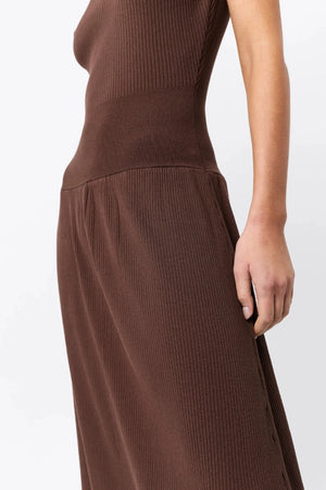 Quiet Force Midi Dress by Mossman in cacao, ribbed knit with turtleneck and flared skirt for sleek, sculpted day-to-night dressing.