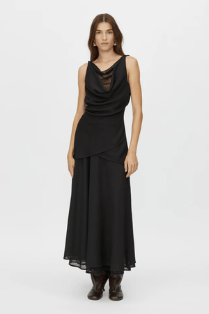 Attar Top Black by Camilla and Marc – draped cowl neck with twisted straps and deep V-back, perfect for elegant dinners or chic evening events.